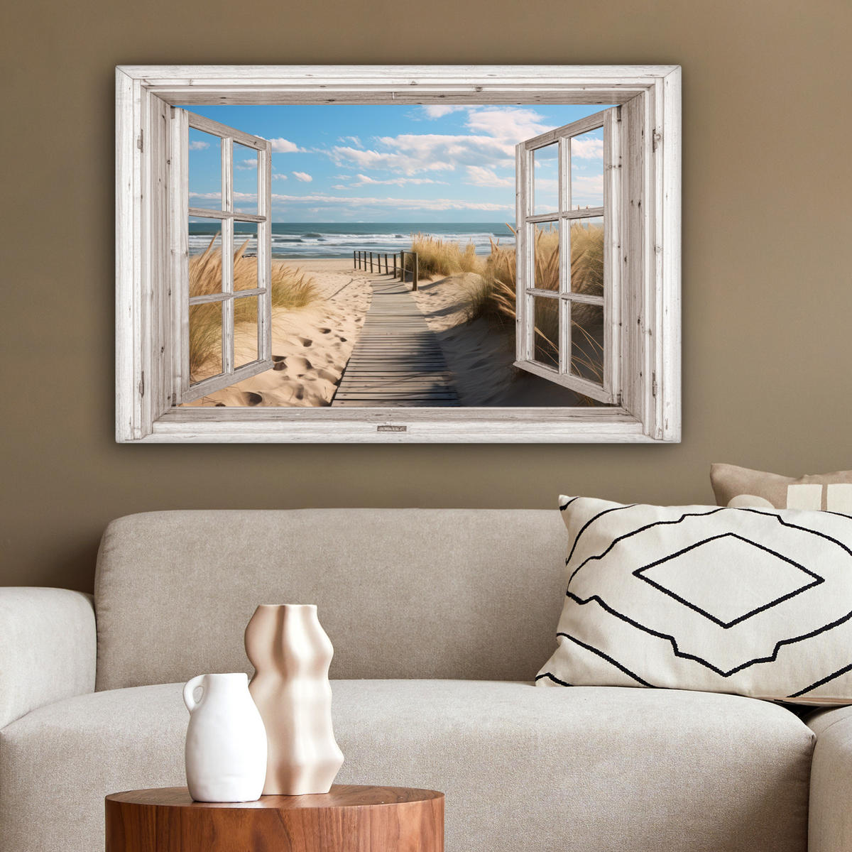 LEINWANDBILD Fenster - Meer - Küste - Natur - Ausblick - Strand - Wattenmeer Gemälde 60x40 cm - Beige, Textil (60/40cm) - MuchoWow