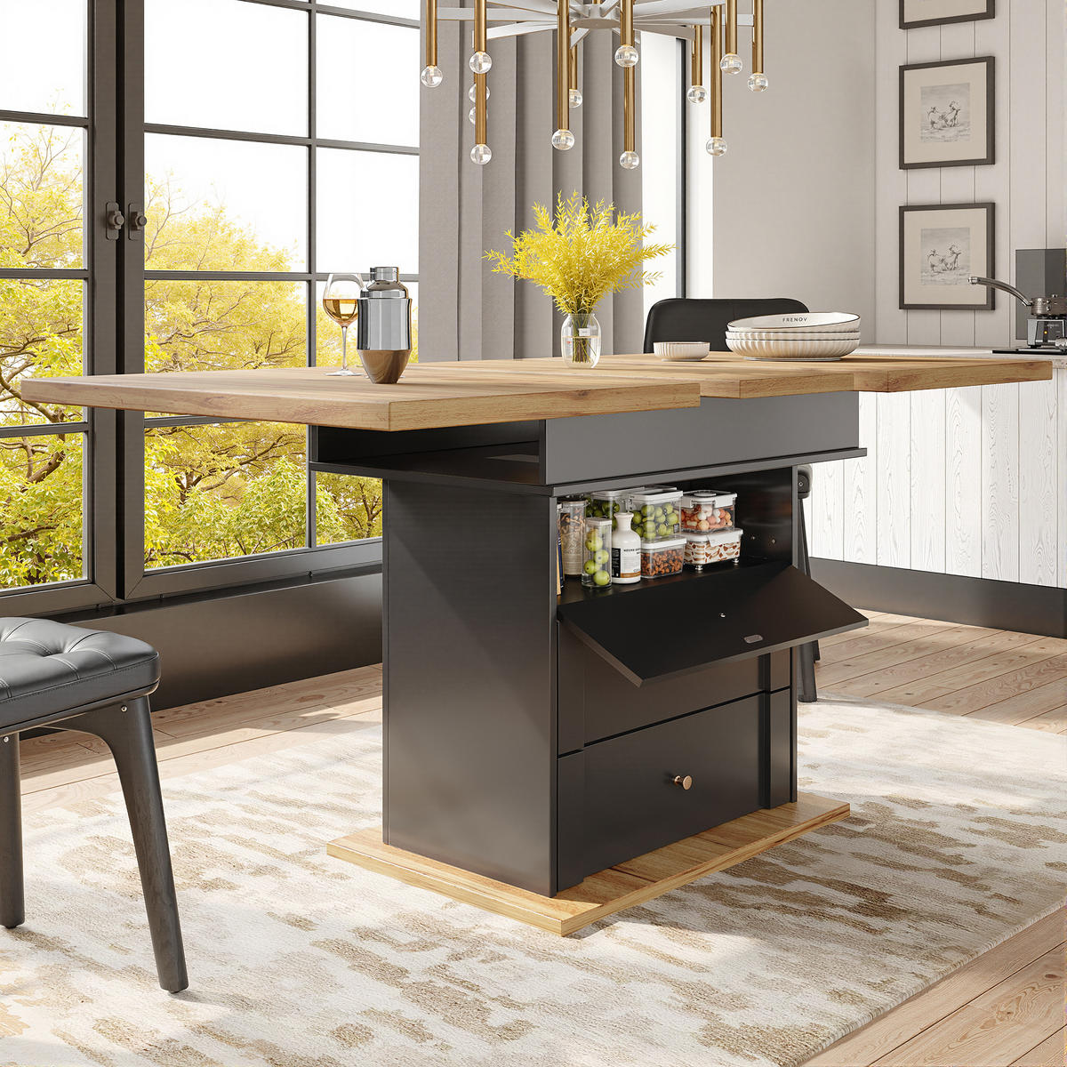 ESSTISCH Ausziehbarer aus MDF mit Stauraum & Klapptür, 110–140/80/75 cm, Schwarz/Natur - Schwarz, Holzwerkstoff (110/80/75cm) - Redom