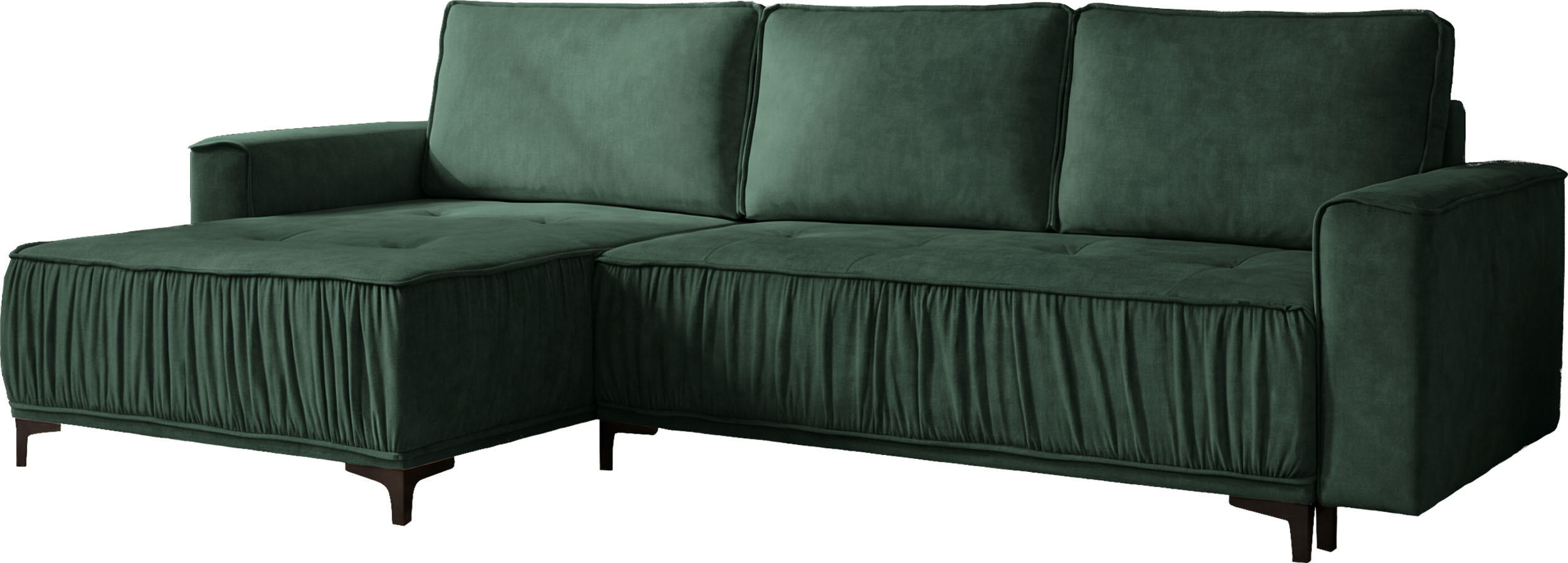 ECKSOFA Velora mit Schlaffunktion & Stauraum, Universell Rechts/Links, Dunkelgrün Samt 270/92/150 cm - Schwarz/Grün, Textil/Metall (270/150cm) - WFL GROUP