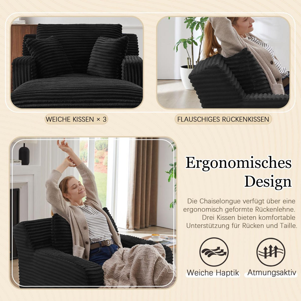 SOFA Cord Schwarz - Schwarz, Textil (100/82/166cm) - WISHDOR