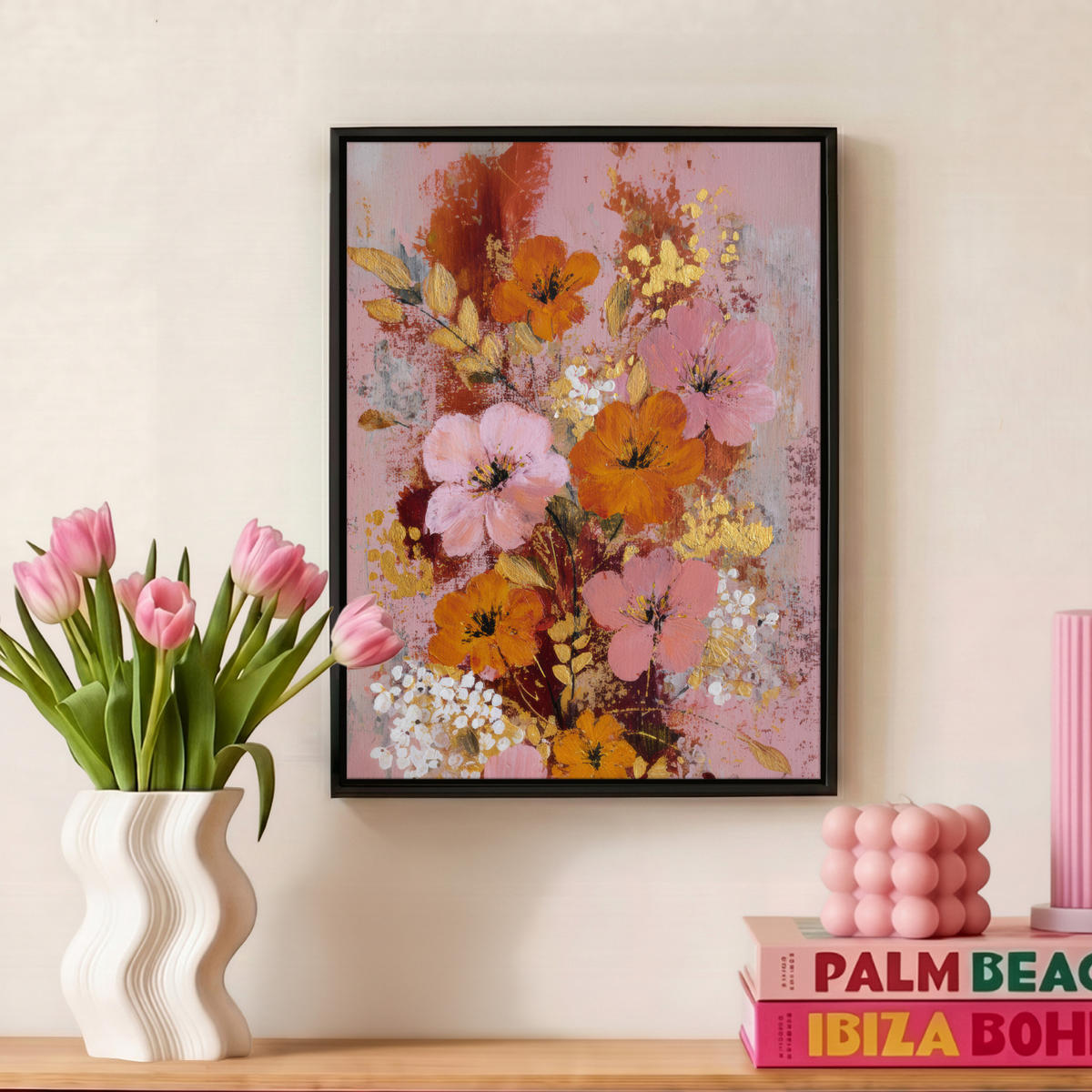 LEINWAND Bilder mit Rahmen - Malerei - Blumen - Rustikal - Rosa - 30x40 - Altrosa, Textil (30/40cm) - MuchoWow