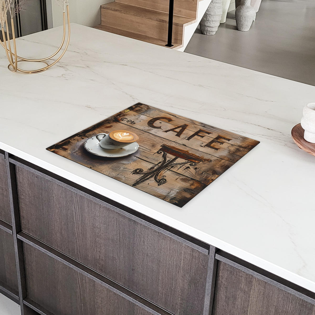 HERDABDECKPLATTE Cafe - Holz - Kaffee - Regale Herdabdeckung Induktionsfeld 65x52 cm - Schwarz, Kunststoff (65/52/0.2cm) - MuchoWow