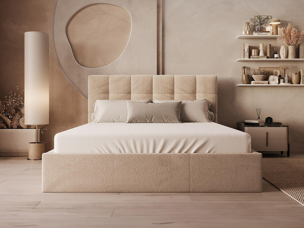 BETT mit Bettkasten - 2 Personen - Samt, Stoff - Beige - - Beige, Textil (160/200cm) - Vente-Unique