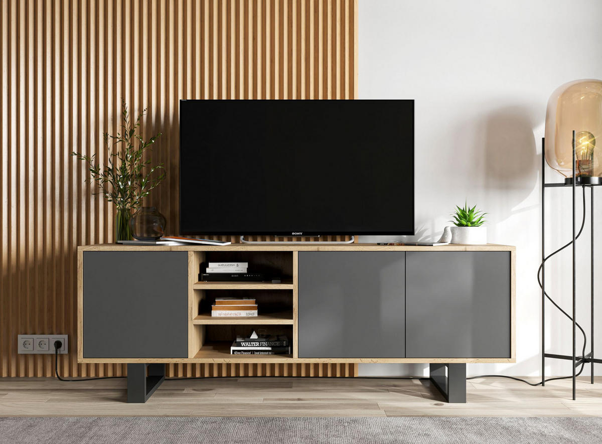 TV-LOWBOARD Apollo Eiche wotan Graphit Matt mit Metallbeinen 150 cm - Graphitfarben/Schwarz, Holzwerkstoff/Metall (150/53/35cm) - Meble Lindner