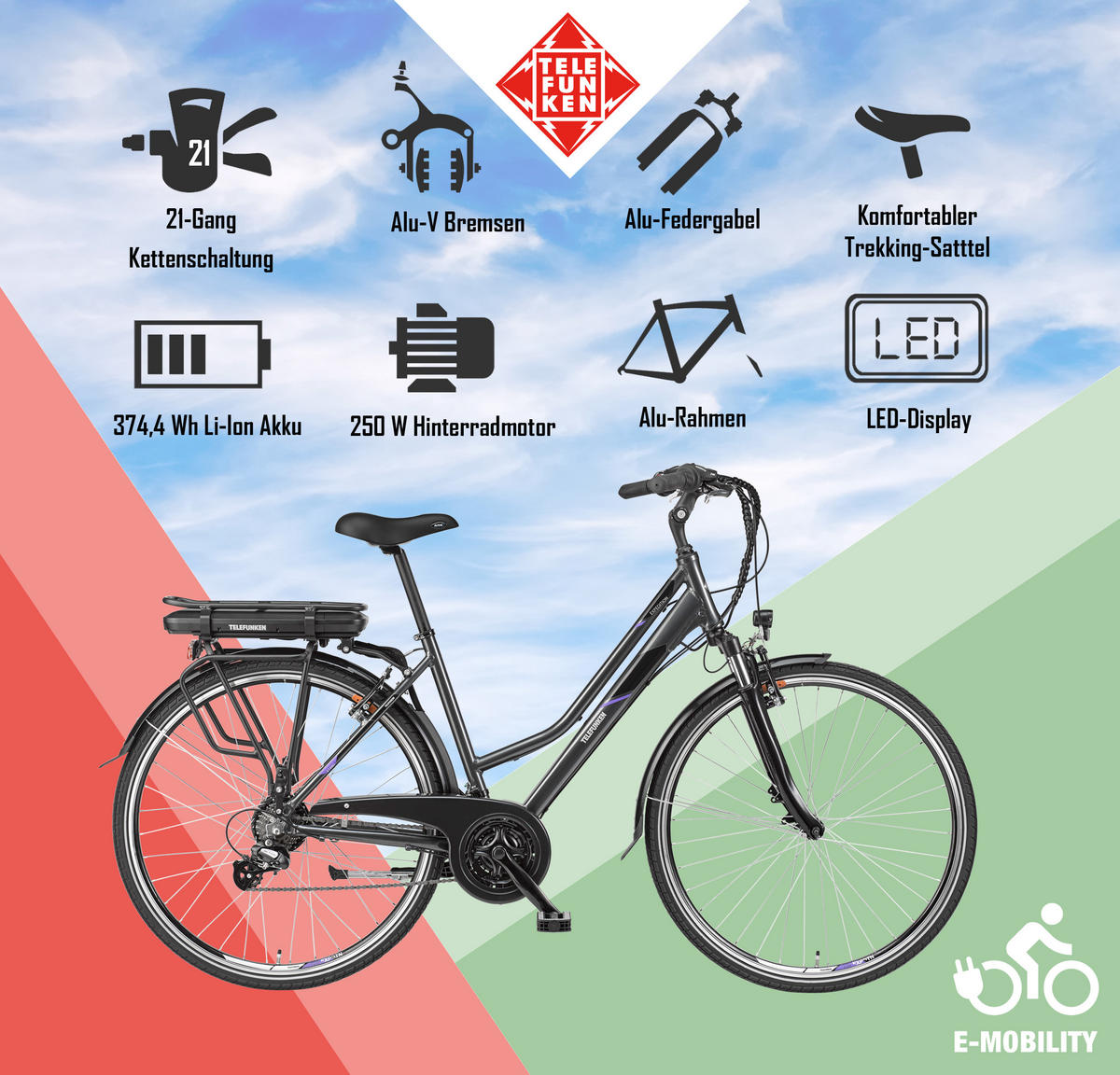 E-BIKE XT480 Trekking Elektrofahrrad 21-Gang Shimano Kettenschaltung, Pedelec, 10Ah, 36V Akku - Anthrazit, Metall (112.5cm) - Telefunken