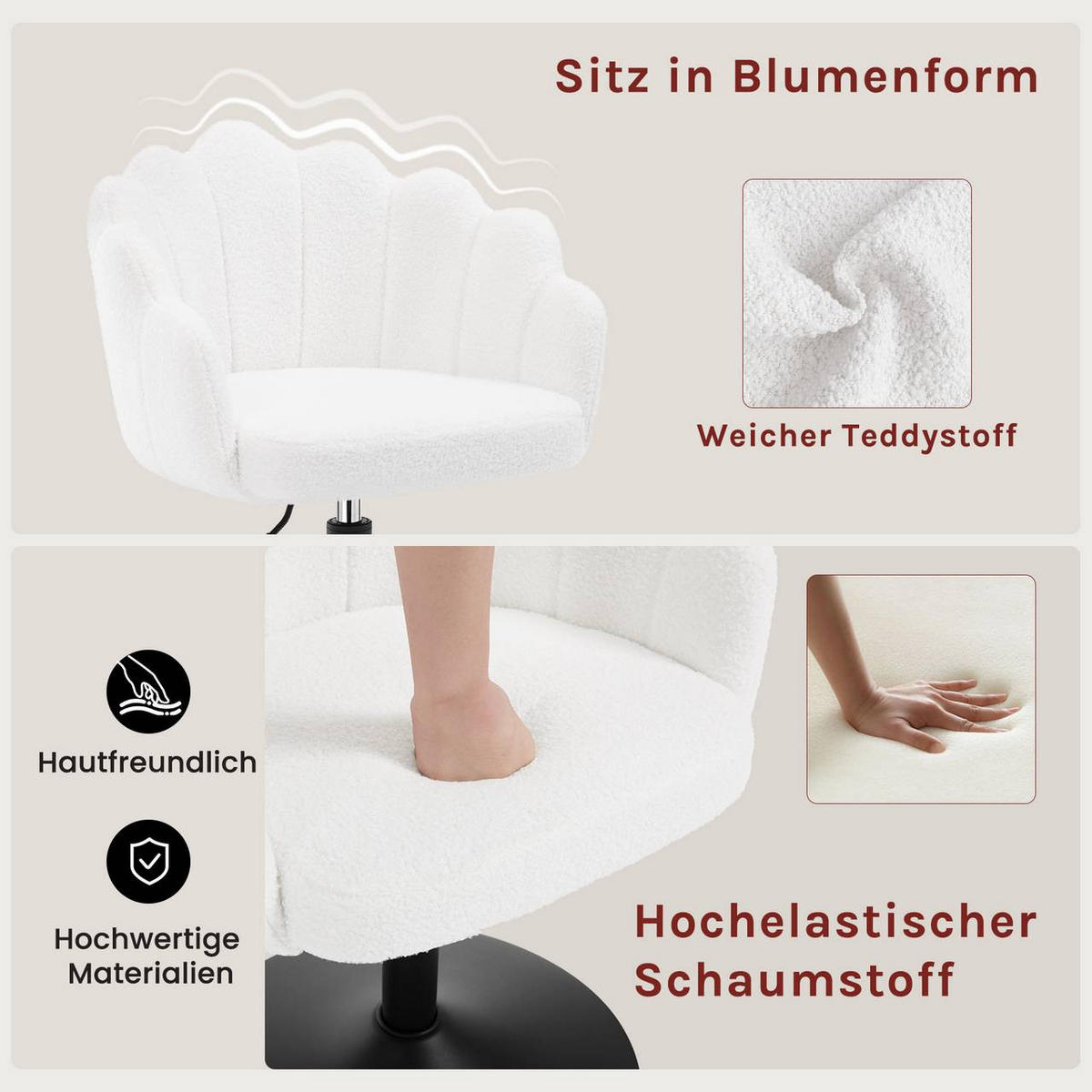 DREHSTUHL, Blumenform, Boucle-Stoff, Schminkstuhl, Weiß - Schwarz/Weiß, Textil/Metall (55/67/50cm) - Woltu