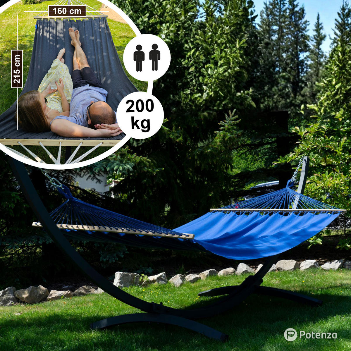 HÄNGEMATTE mit Gestell, 2 Personen, Stabhängematte, XXL, 200 kg, Metall, Blau, einfache Montage - Blau, Metall (370/130/120cm) - Potenza