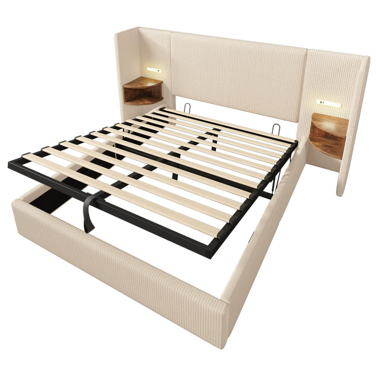 ČALOUNĚNÁ postel 160/200 cm s čtecí lampou, USB a Type-C nabíjením, hydraulickým úložným prostorem, Béžová a bílá - béžová, textil (160/200cm) - Redom
