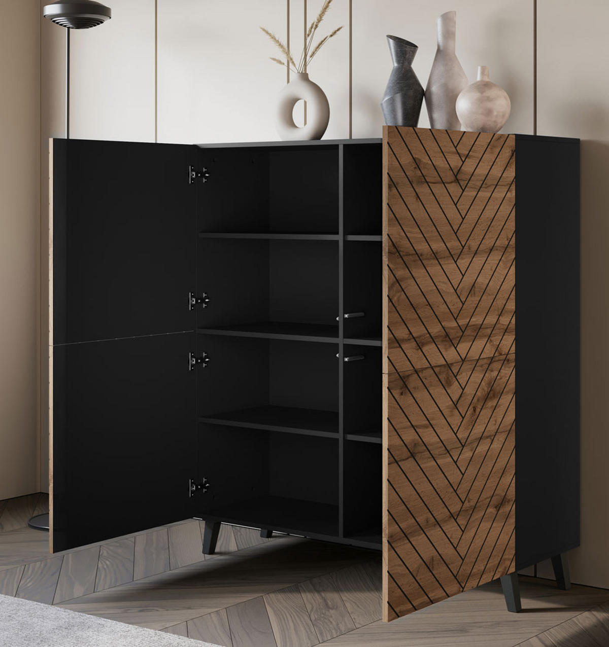 HIGHBOARD Phuket Graphit Schwarz / Eiche Wotan / 120 / 39 / 128 cm - Eiche Wotan/Schwarz, Holz/Holzwerkstoff (120/128/39cm) - Feldmann-Wohnen