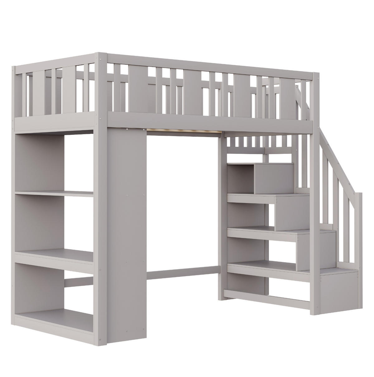 HOCHBETT 90/200 cm mit Stauraumtreppe, 3 Staufächern und Sicherheitsgeländer, Grau - Grau, Holzwerkstoff (90/200cm) - Redom