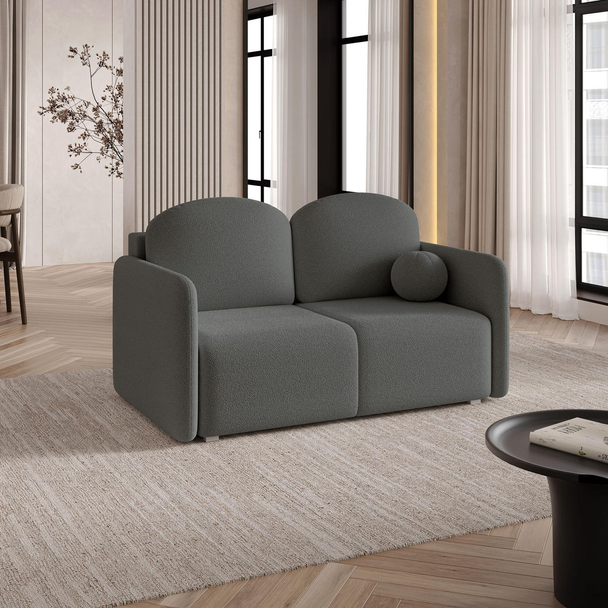 BETTSOFA SUVI II Q Grau Bucle-Stoff mit Schlaffunktion - Grau, Textil (90/85/153cm) - MASSENO
