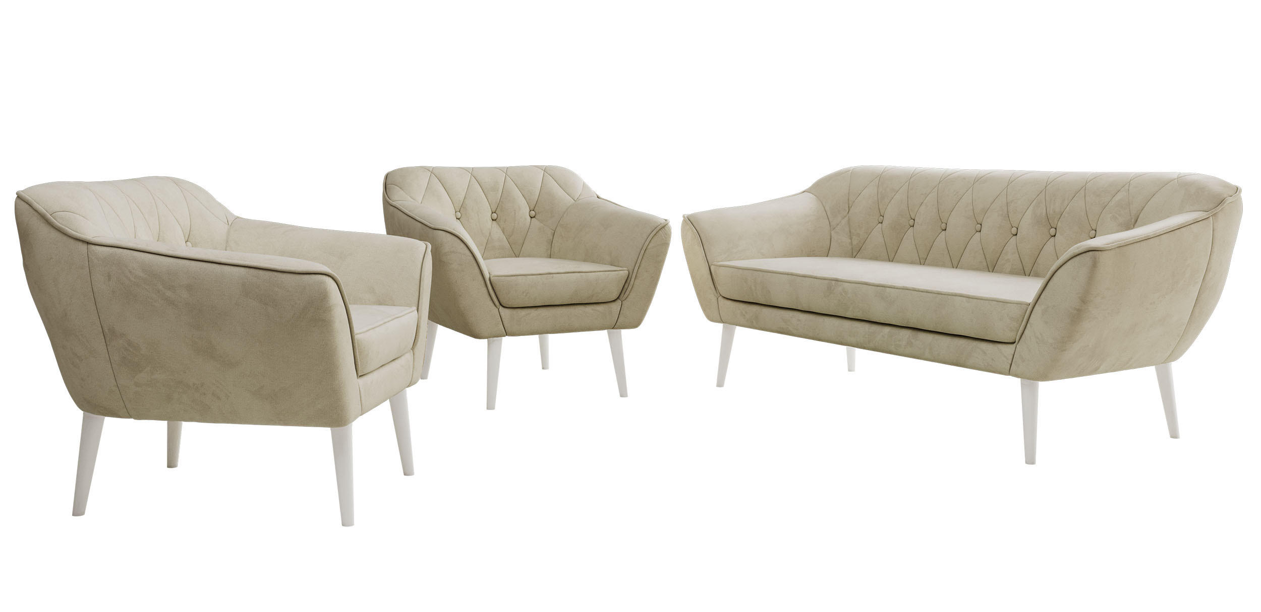 SEDACÍ SOUPRAVA 3+1+1 PIRS - Béžová Samet - Bílé nohy - bílá/béžová, kompozitní dřevo/textil (180/75/74cm) - MKS