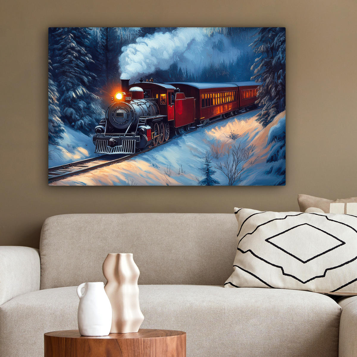 LEINWANDBILD Zug - Weihnachten - Schnee - Weihnachtszug Wanddeko 90x60 cm - Anthrazit, Textil (90/60cm) - MuchoWow