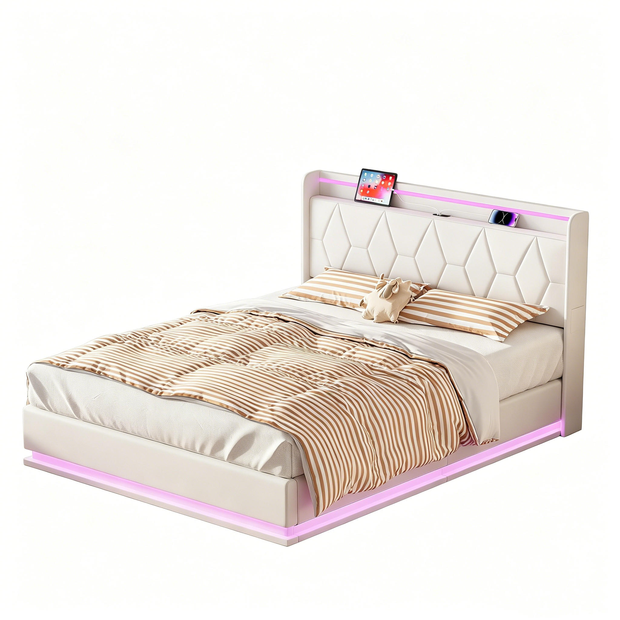 POLSTERBETT 160x200 cm mit Stauraum, LED-Beleuchtung und Ladefunktion, Bettgestell mit Lattenrost - Naturfarben/Weiß, Holz/Metall (160/200cm) - PARAFTA HOME