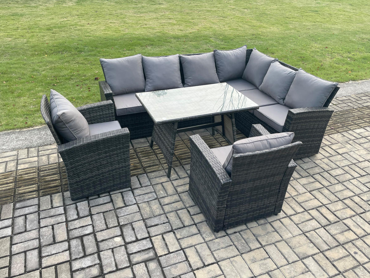 LOUNGEMÖBEL-SETS mit Esstisch Sofa Polyrattan Dunkelgrau 8-Sitzer - Dunkelgrau/Grau, Glas/Kunststoff - Fimous