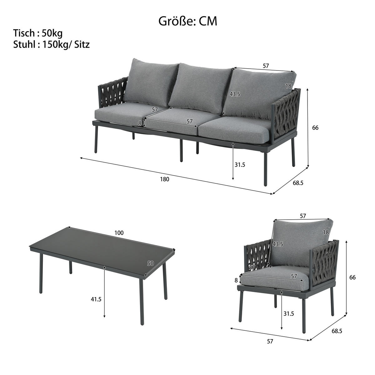 LOUNGE-SET 180/68/66 cm grau aus Polyester mit Glas-Couchtisch und Seilarmlehnen - Grau, Textil - OKWISH