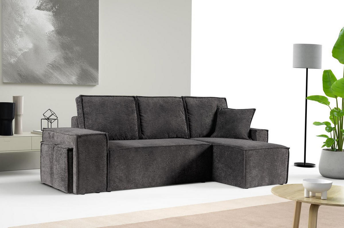 ECKSOFA mit Schlaffunktion COLINS - Bouclé-Stoff Dunkelgrau - Inkl. 2 Hocker - Dunkelgrau, Textil (259/153cm) - Bettso