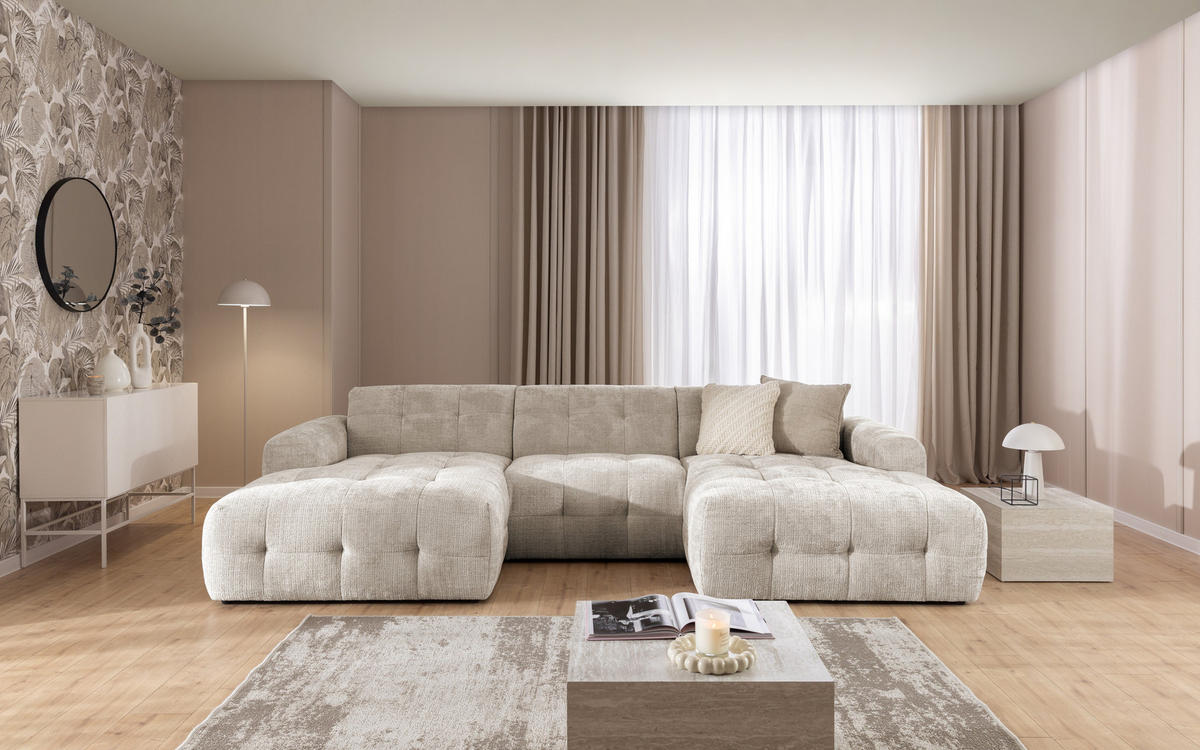 WOHNLANDSCHAFT Kozy im Bumpy-Design mit fester Rückenlehne aus weichem Dunkelbeige Chenille-Stoff - Beige/Schwarz, Holz/Kunststoff (323/79/161cm) - S-Style Möbel