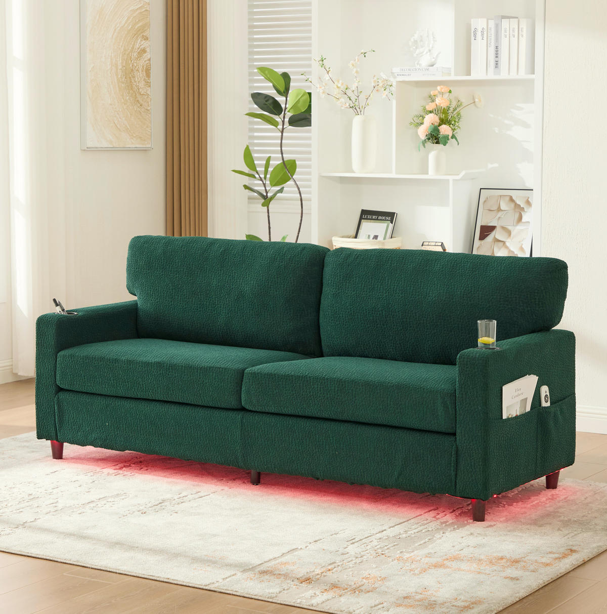 ZWEISITZER Sofa Chenille mit USB-Anschluss LED und Getränkehaltern 203/77,5/86 cm Smaragdgrün - Smaragdgrün, Textil (77.5/86/203cm) - Redom