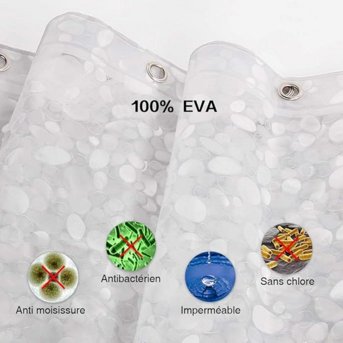 DUSCHVORHANG EVA halbdurchsichtig Kieselsteine schimmelresistent wasserdicht mit Haken rostfrei Badezimmer - Transparent, Kunststoff (180/180cm) - MCBOSON