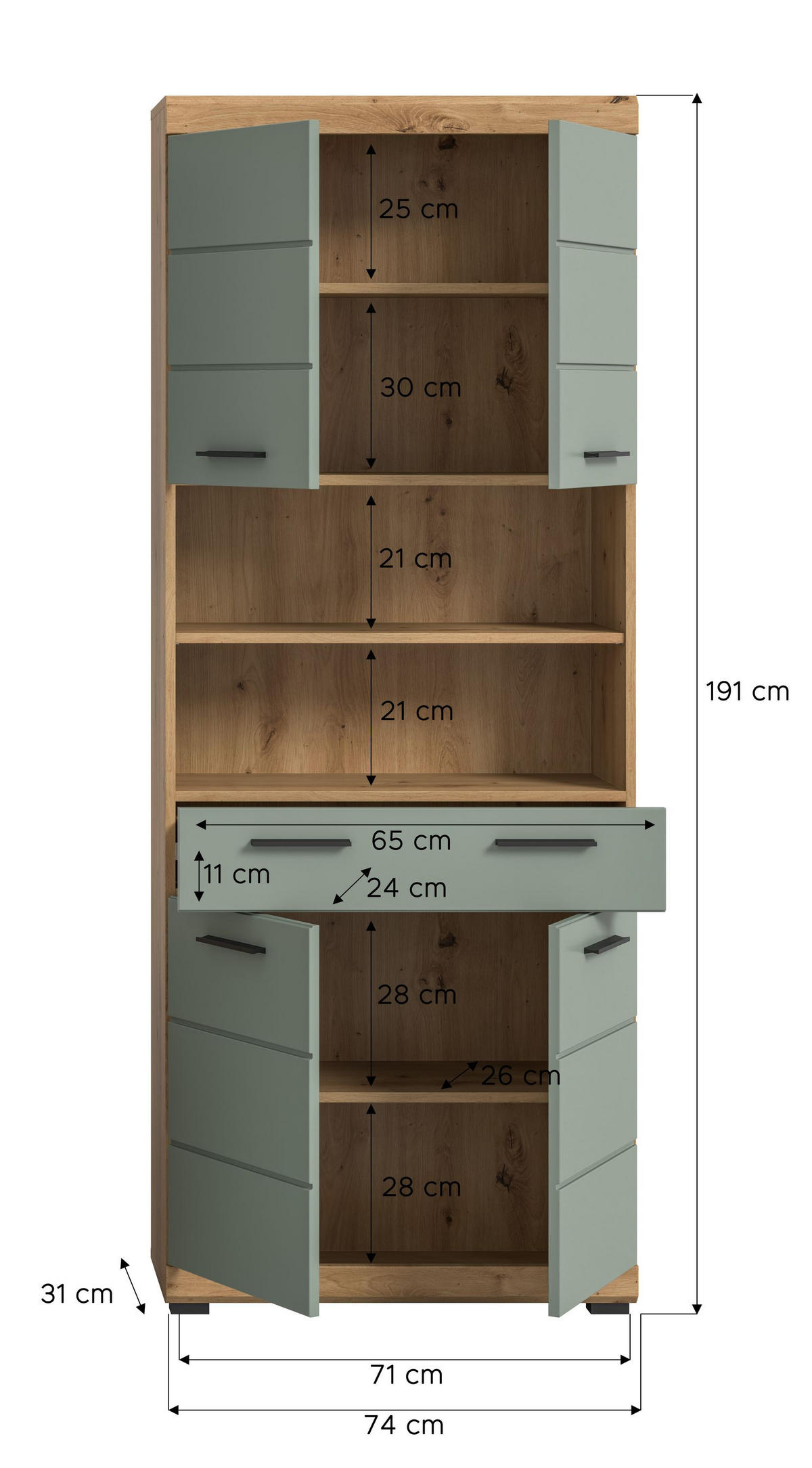 HOCHSCHRANK Scout Bad in Artisan Eiche Nachbildung und Salbei Nachbildung B/H/T: 74x191x31 cm - Eiche Artisan, Holz (74/191/31cm)