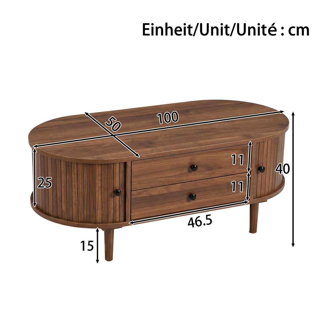 COUCHTISCH in Holzoptik Ovaler Wohnzimmertisch mit Schiebetüren und 2 Schubladen, 100 B / 50 T / 40 H(cm) - Dunkelbraun, Holzwerkstoff (50/100/40cm) - STILVORA