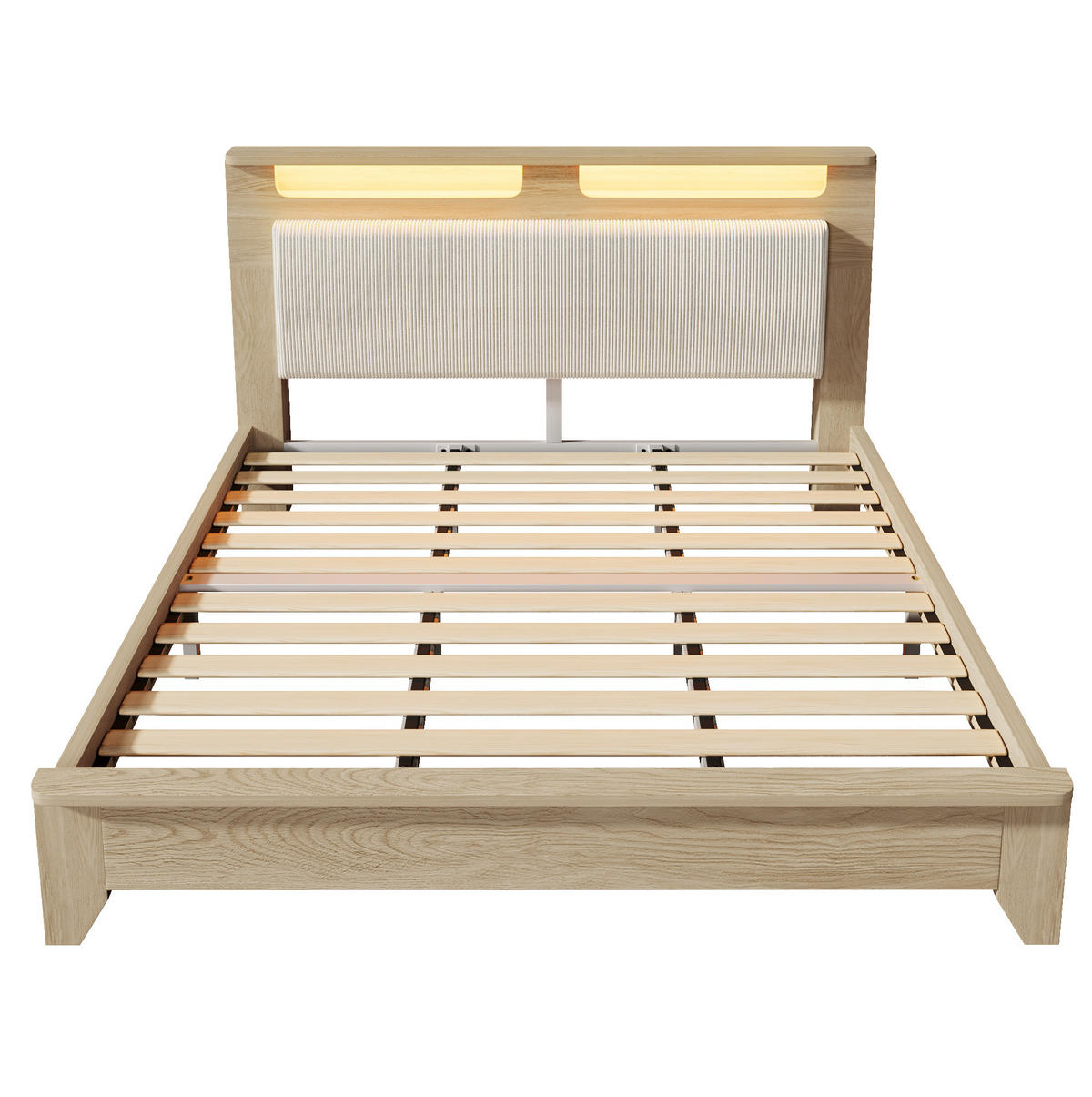 BETT 180/200 cm mit LED-Kopfteilregal, Cord-Polsterlehne & Stauraum unten, Eichefarben/Beige - Beige, Textil (180/200cm) - Redom