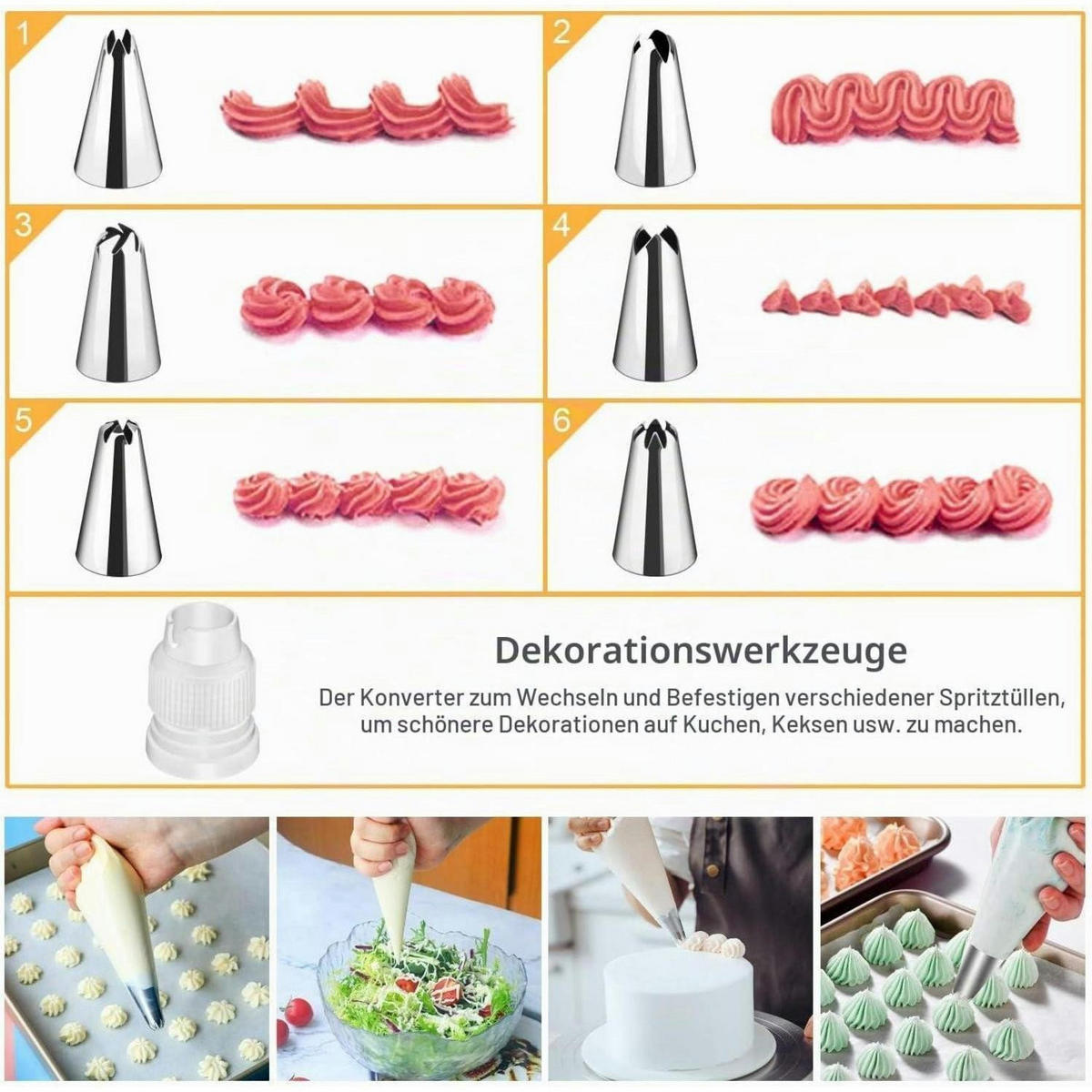 SPRITZBEUTEL Set 100 Stück mit 6 Tüllen und 5 Ringen 30 x 20 cm - Silberfarben, Kunststoff (34/4/37cm)
