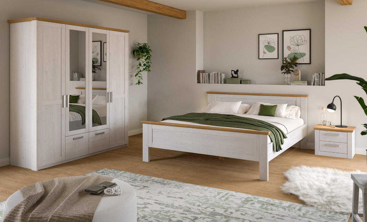 SCHLAFZIMMER weiß Lärche, Eiche Artisan Landhaus, Komplettset mit Bett, Kleiderschrank und Nachttisch - Eichefarben/Silberfarben, Holzwerkstoff/Kunststoff (180/200cm) - Inn.Furn