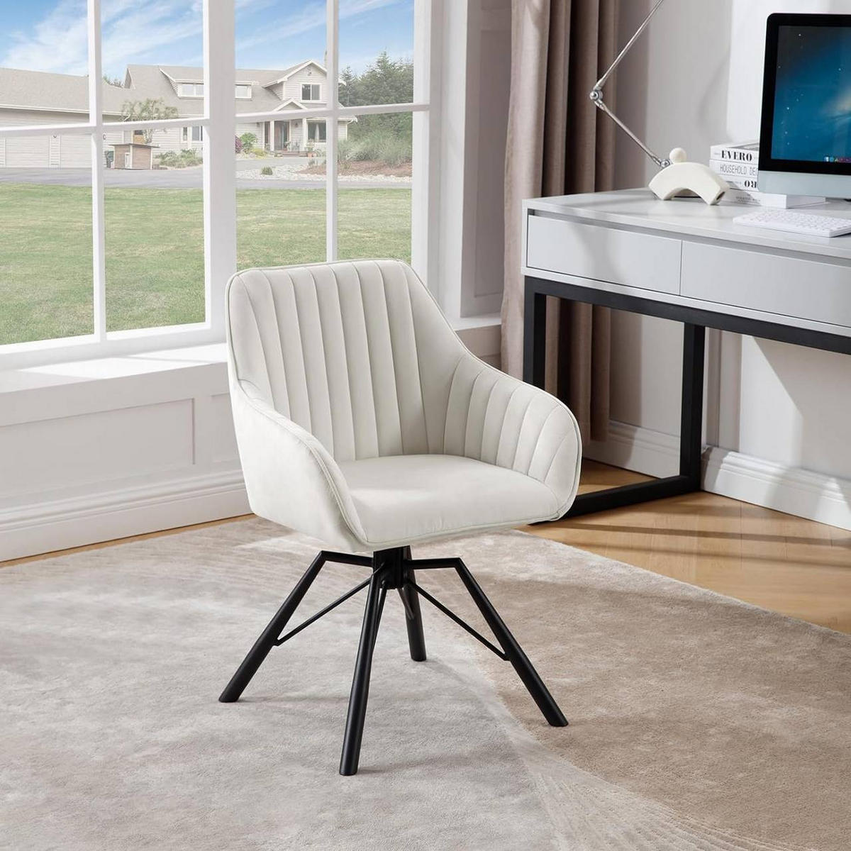 ESSZIMMERSTUHL drehbar, Samt Sessel, Creme - Creme/Schwarz, Textil/Metall (57/83.5/53cm) - Woltu