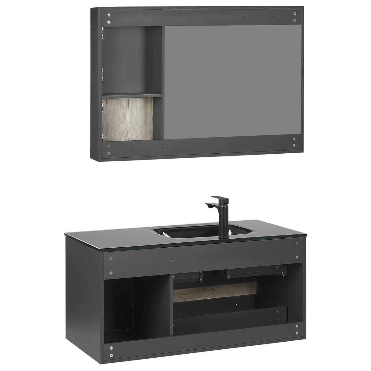 BADMÖBEL Set schwarz/heller Holzfarbton 100 cm Teruel - Hellbraun/Schwarz, Holzwerkstoff (100/70/48cm) - Beliani