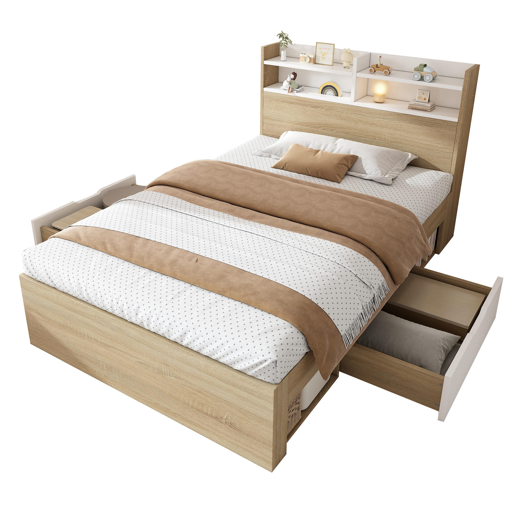 POLSTERBETT 90x200 cm in Eiche mit Matratze & Stauraum - Eichefarben, Holzwerkstoff (90/200cm) - Modfu