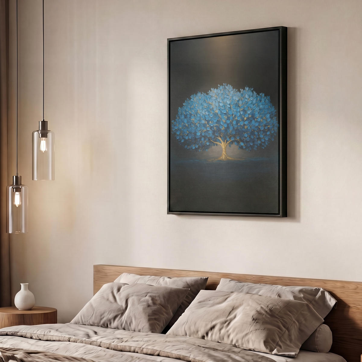 LEINWAND Bilder mit Rahmen - Baum - Blau - Blätter - Pinselstriche - 50x70 - Blau, Textil (50/70cm) - MuchoWow