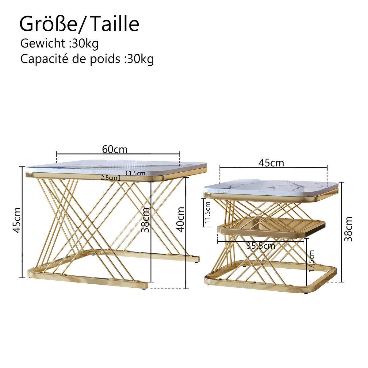 COUCHTISCH 2er Set Beistelltisch Eckig, Gold - Goldfarben, Metall (60/60/45cm)