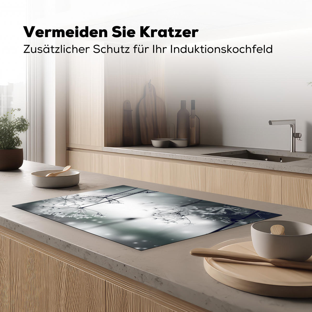 HERDABDECKPLATTE Blumen - Winter - Schnee - Natur Ceranfeldabdeckung 80x52 cm - Grau, Kunststoff (80/52/0.2cm) - MuchoWow