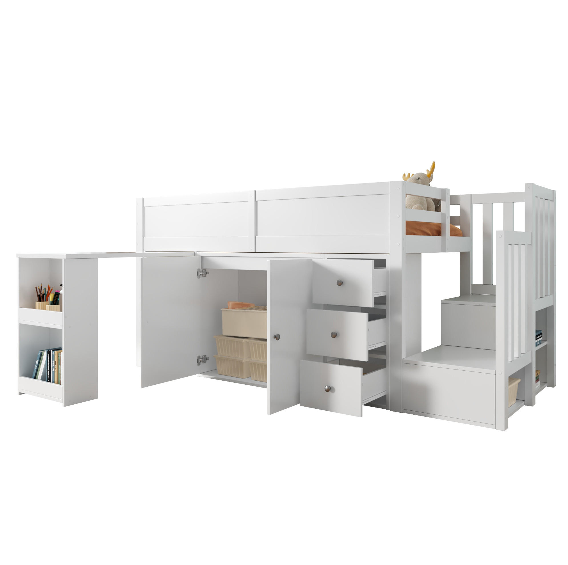 KINDERHOCHBETT 90/200 cm aus MDF mit ausziehbarem Schreibtisch und viel Stauraum Weiß - Weiß, Holzwerkstoff (90/200cm) - Modenvie