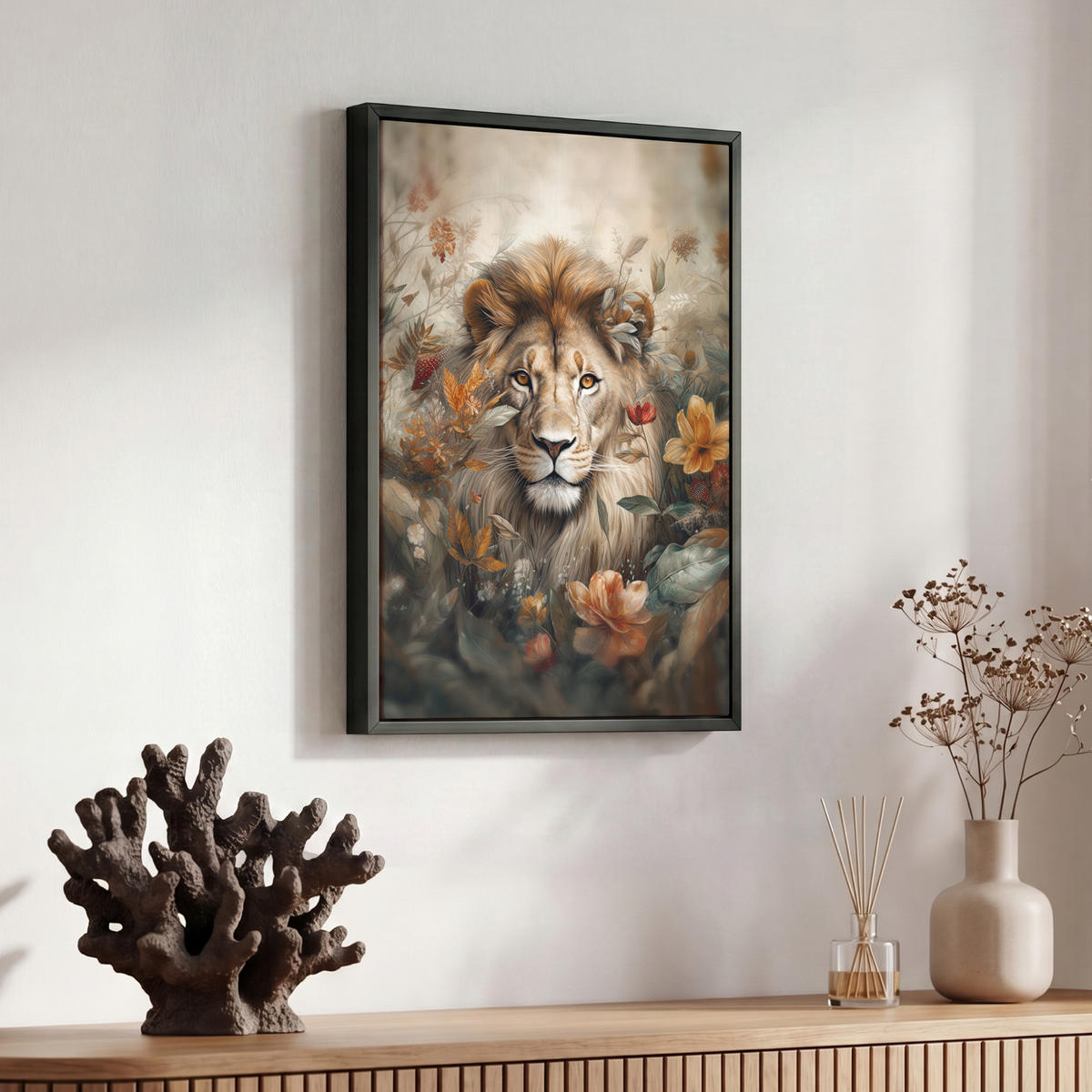 LEINWAND Bilder mit Rahmen - Löwe - Wildtiere - Pflanzen - Natur - Blumen - 30x40 - Beige, Textil (30/40cm) - MuchoWow