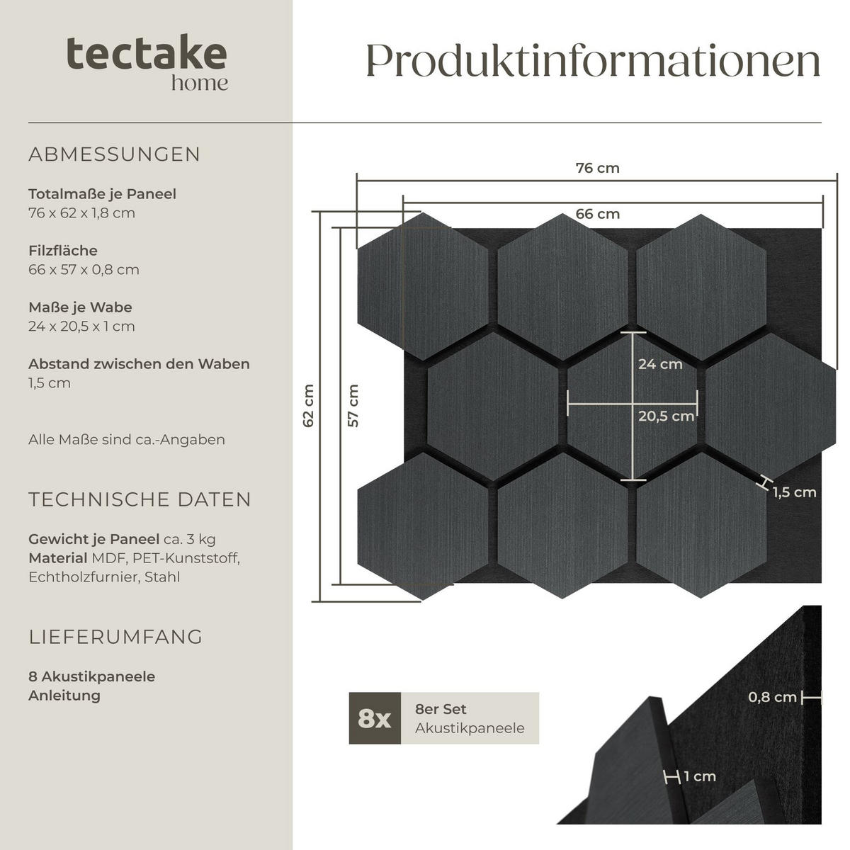 AKUSTIKPANEELE Sonic Shield, je 76 x 62 x 1,8 cm, Größe flexibel anpassbar, Eiche schwarz - Schwarz, Holz (62/1.8/76cm) - tectake