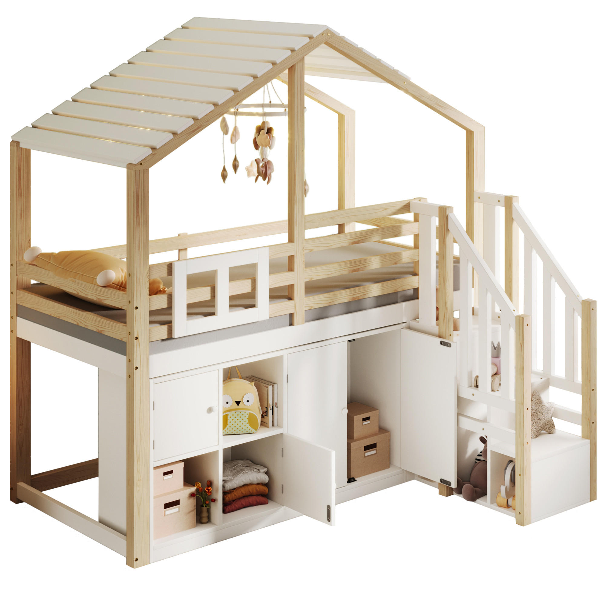 HOCHBETT 90/200 cm Hausform mit Stauraumleiter in Weiß + Natur - Weiß, Holz (90/200cm) - OKWISH