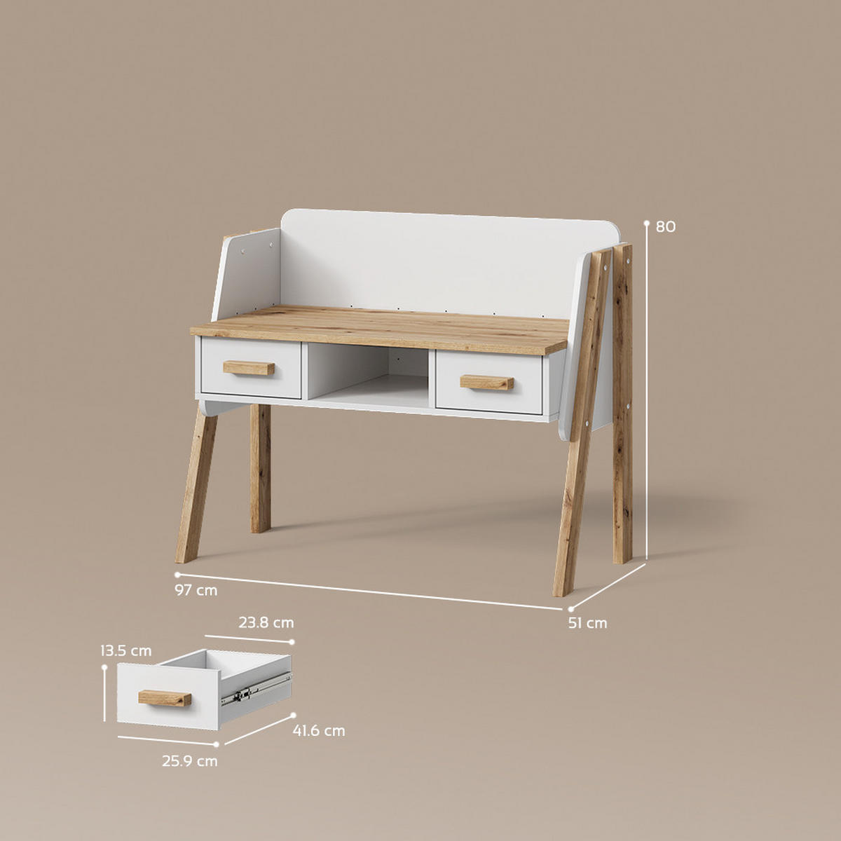 SCHREIBTISCH Mailo Weiß/Artisan 97 x 80 cm - Weiß/Eiche Artisan, Holzwerkstoff (51/97/80cm) - Livinity®