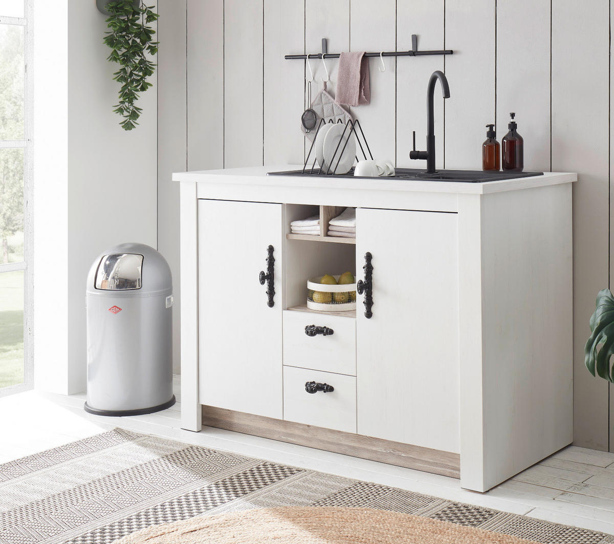 KÜCHENSCHRANK weiß Pinie Landhaus, Küche Unterschrank für Spüle oder Kochfeld, 129 x 92 cm, Soft-Close - Schwarz/Weiß, Holzwerkstoff/Metall (129/92/60cm) - Furn.Design