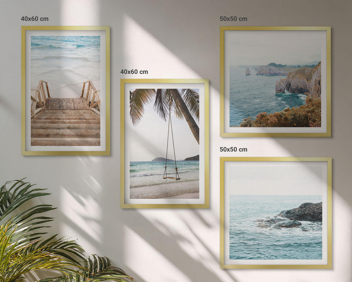 BILDER SET 4er Set - 50x50 cm & 40x60 cm Goldrahmen - Treppe, Strand, Meerblick, Schaukel - Goldfarben, Kunststoff (50/50cm) - TULUP