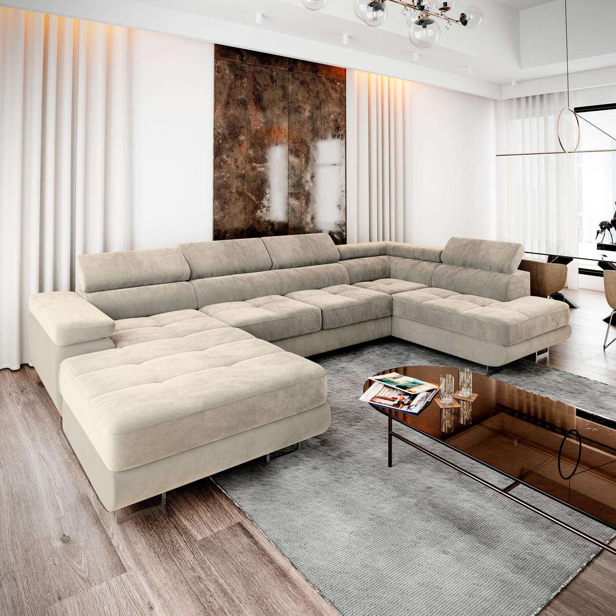 WOHNLANDSCHAFT CASONE R-S Creme Velours-Stoff mit Schlaffunktion - Creme, Holz (345/90/202cm) - MASSENO