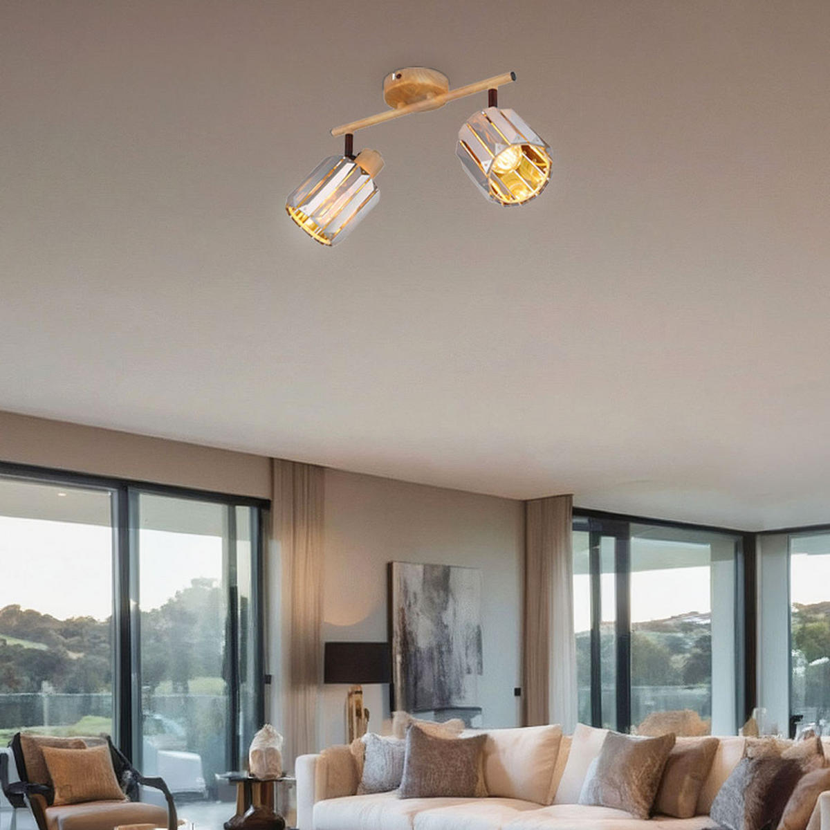 DECKENLEUCHTE Kristall Rauch Holzoptik 2-flammig - Grau, Metall (33/9/15cm) - Nowa