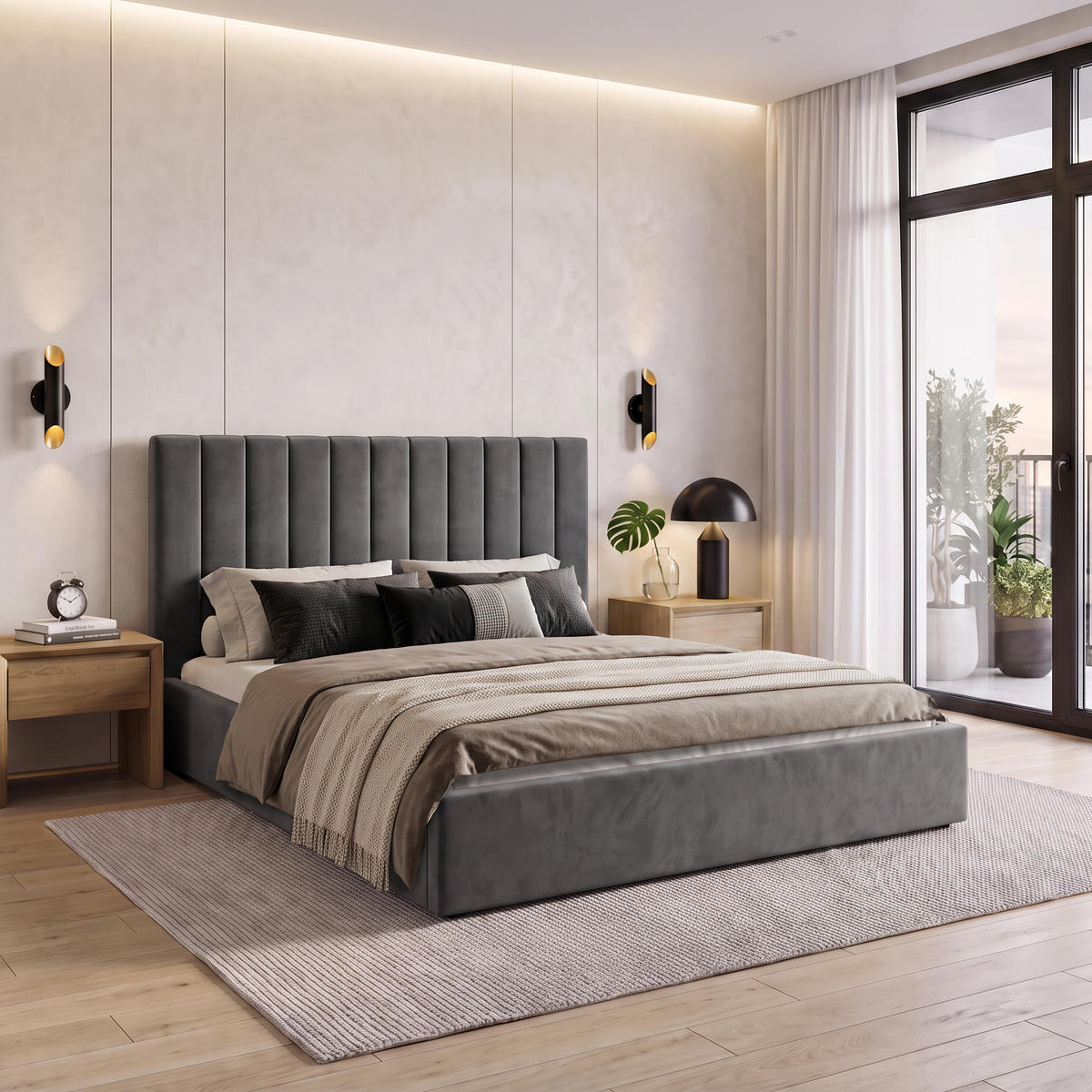 ČALOUNĚNÁ POSTEL Melvio, dvojlůžko 160 × 200 cm s úložným prostorem a pěnovou matrací 10 cm, tmavě šedá - tmavě šedá, textil (160/200cm) - Beautysofa