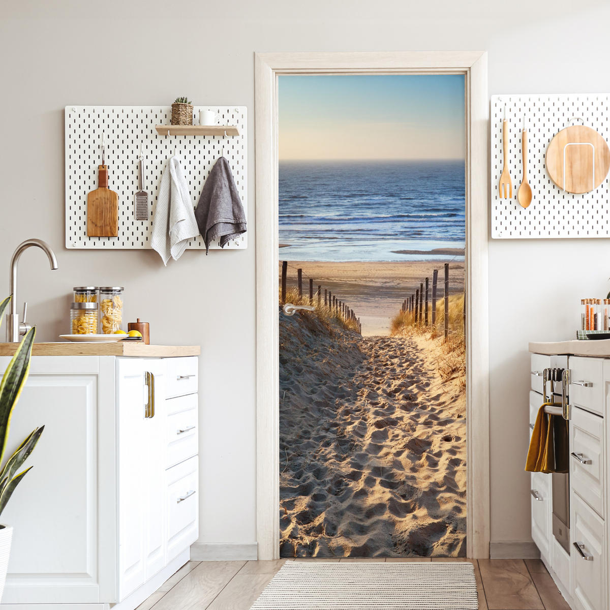 FOTOTAPETE Tür - Strand - Meer - Niederlande - Dünen - Sonne 90x205 cm - Blau, Kunststoff (90/0.1cm) - MuchoWow