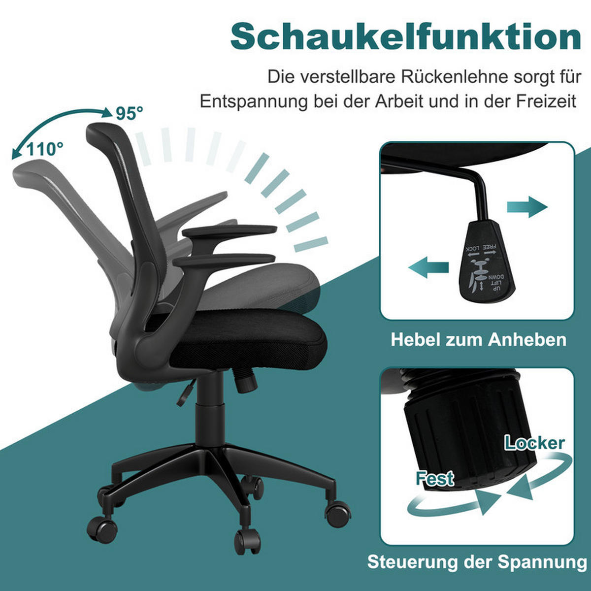 BÜROSTUHL mit hochklappbaren Armlehnen und Lendenwirbelstütze schwarz - Schwarz, Kunststoff (62/94/54cm) - COSTWAY