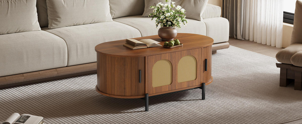 COUCHTISCH oval Rattan Holzoptik - Walnussfarben, Holzwerkstoff (50/100/40cm)