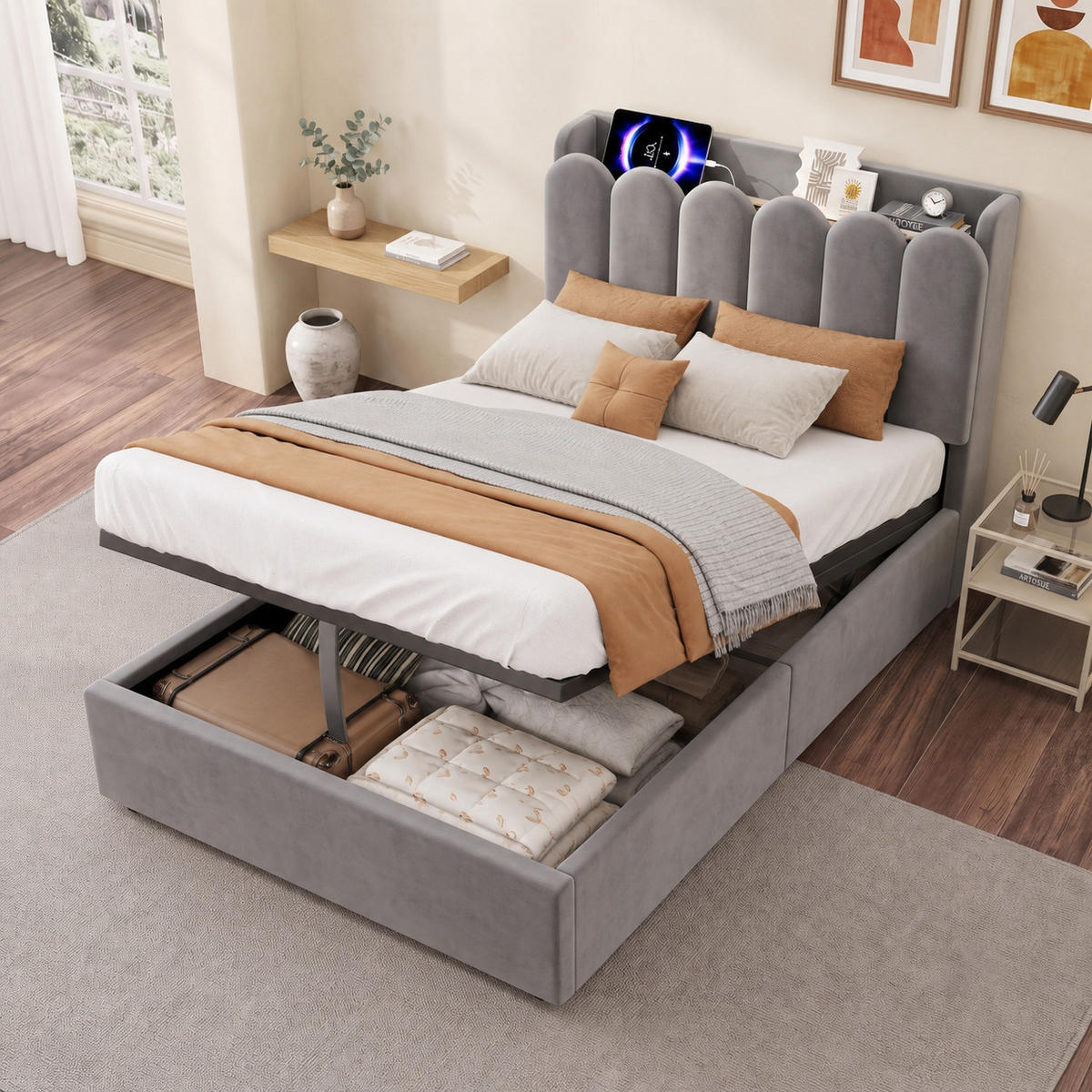 POLSTERBETT 90/200 cm in Grau mit Bettkasten, Kopfteil, USB-, Type-C-Ladestation und Leselampe aus Samt - Grau, Holzwerkstoff/Textil (90/200cm) - STILVORA