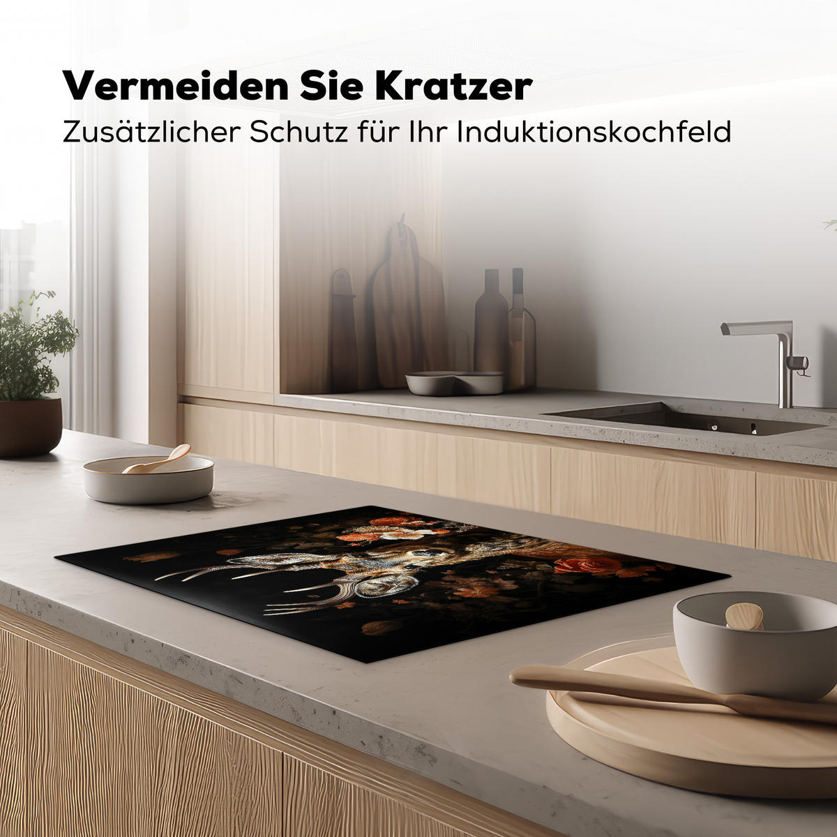 HERDABDECKPLATTE Hirsch - Tier - Blumen - Natur - Botanisch 71x52 cm - Kupferfarben, Kunststoff (71/52/0.2cm) - MuchoWow